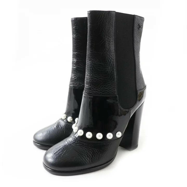 Chanel Black Ankle Boots with Pearl Detail - Size