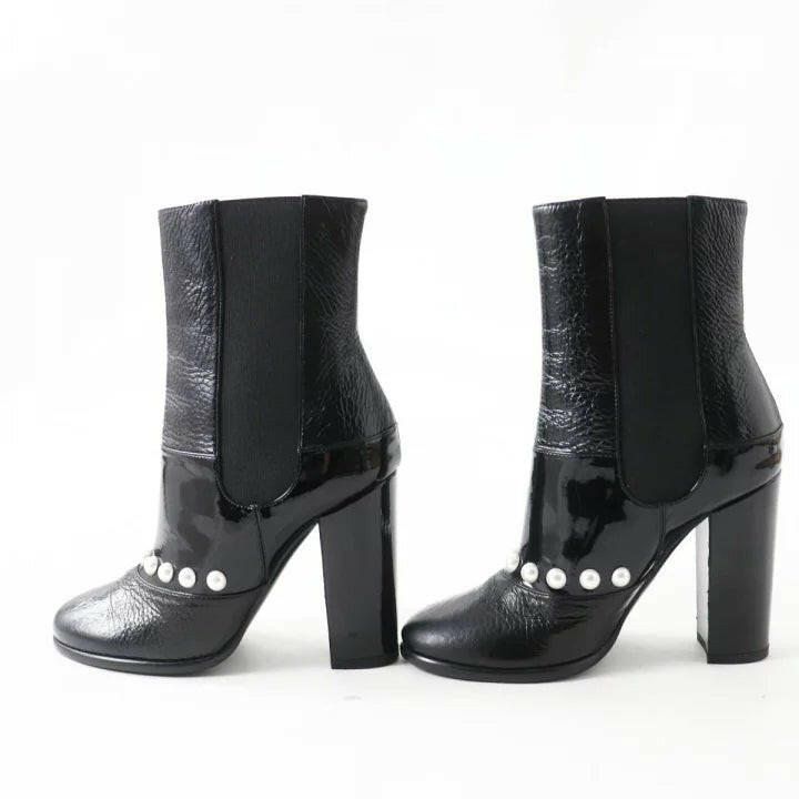 Chanel Black Ankle Boots with Pearl Detail - Size