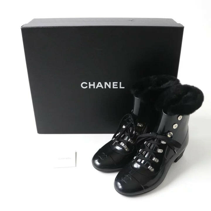 Chanel Black Patent Leather Lace-Up Ankle Boots with Fur Trim, Women's Size