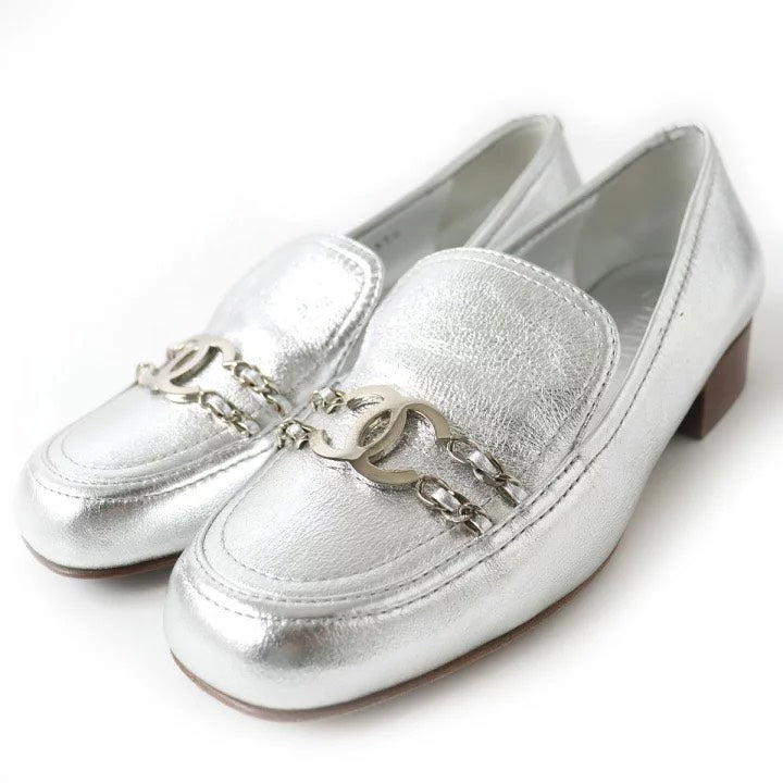 CHANEL Silver Metallic Loafers Shoes C Elegant Slip-On