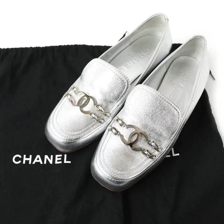 CHANEL Silver Metallic Loafers Shoes C Elegant Slip-On
