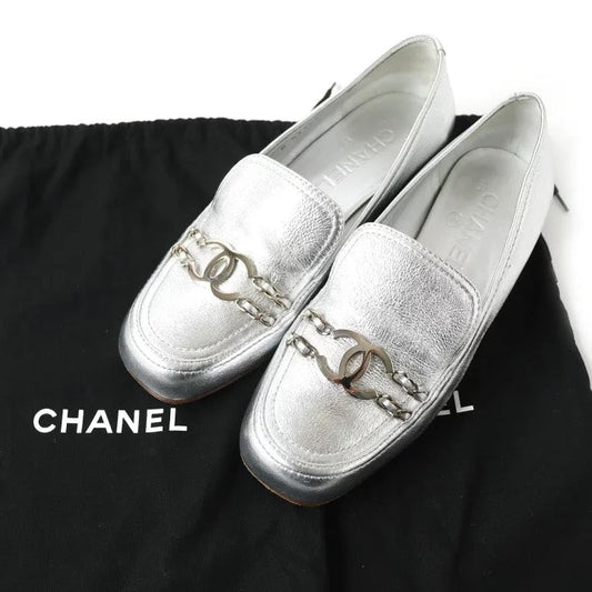 CHANEL Silver Metallic Loafers Shoes C Elegant Slip-On