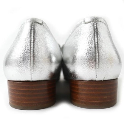 CHANEL Silver Metallic Loafers Shoes C Elegant Slip-On