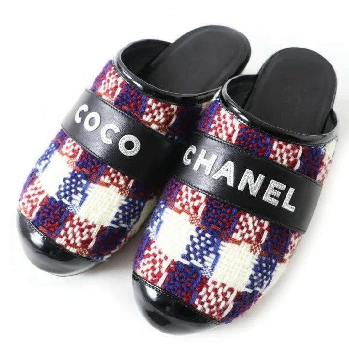 Chanel Plaid Mules - Black, Red, and White - Size