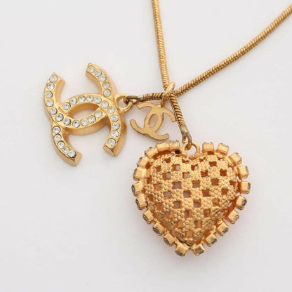 Chanel Coco Mark Long Necklace with Gold Rhinestone Heart Charm - Gold/Clear