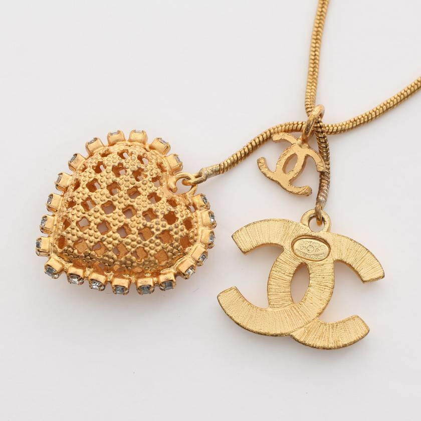 Chanel Coco Mark Long Necklace with Gold Rhinestone Heart Charm - Gold/Clear
