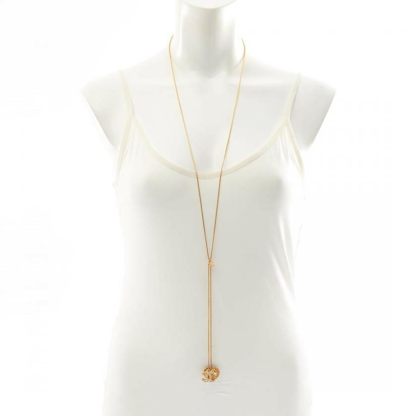 Chanel Coco Mark Long Necklace with Gold Rhinestone Heart Charm - Gold/Clear