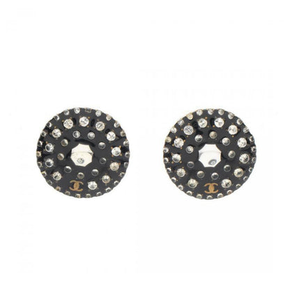 Chanel Coco Mark Black Rhinestone Circular Stud Earrings