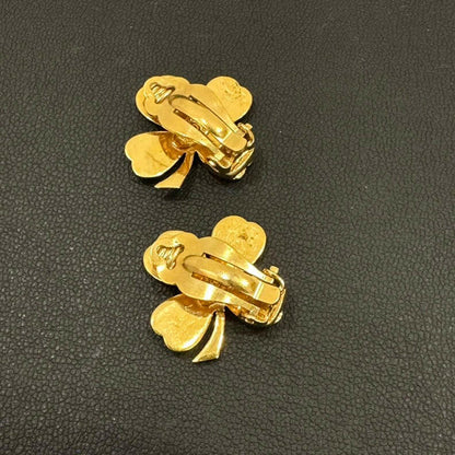 Chanel Clover Clip-On Earrings Gold-Tone Floral Design  Vintage Jewelry