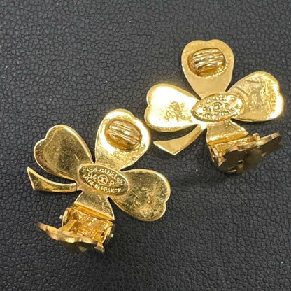 Chanel Clover Clip-On Earrings Gold-Tone Floral Design  Vintage Jewelry