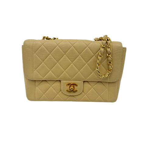 Chanel Vintage Beige Lambskin Single Flap Bag with Gold Hardware and Chain Strap - Medium Size