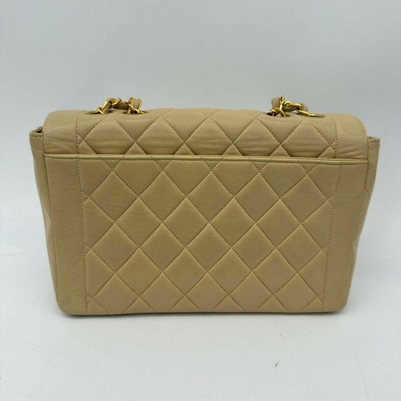 Chanel Vintage Beige Lambskin Single Flap Bag with Gold Hardware and Chain Strap - Medium Size