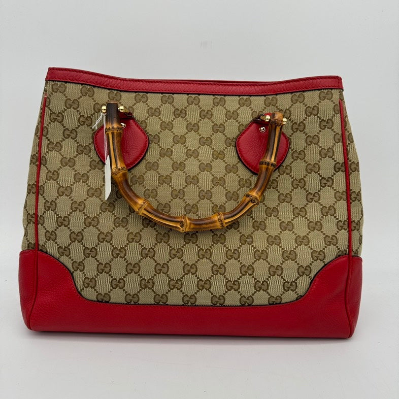 Gucci Bamboo Shopper Diana Beige/Red Canvas Large Tote Bag