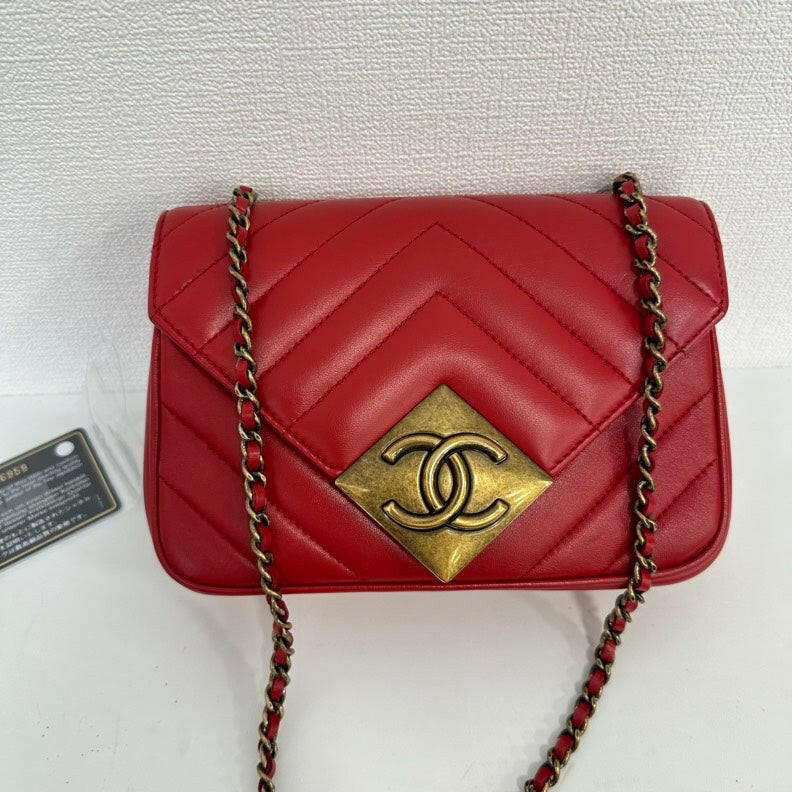 Chanel Red Lambskin Mini Single Flap Bag with Gold Chain and CC Logo
