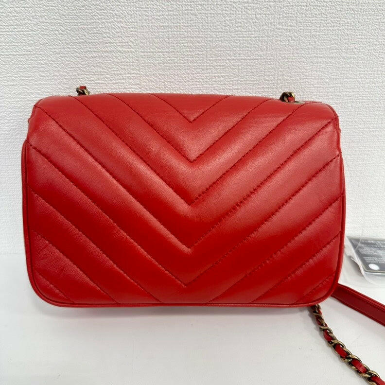 Chanel Red Lambskin Mini Single Flap Bag with Gold Chain and CC Logo