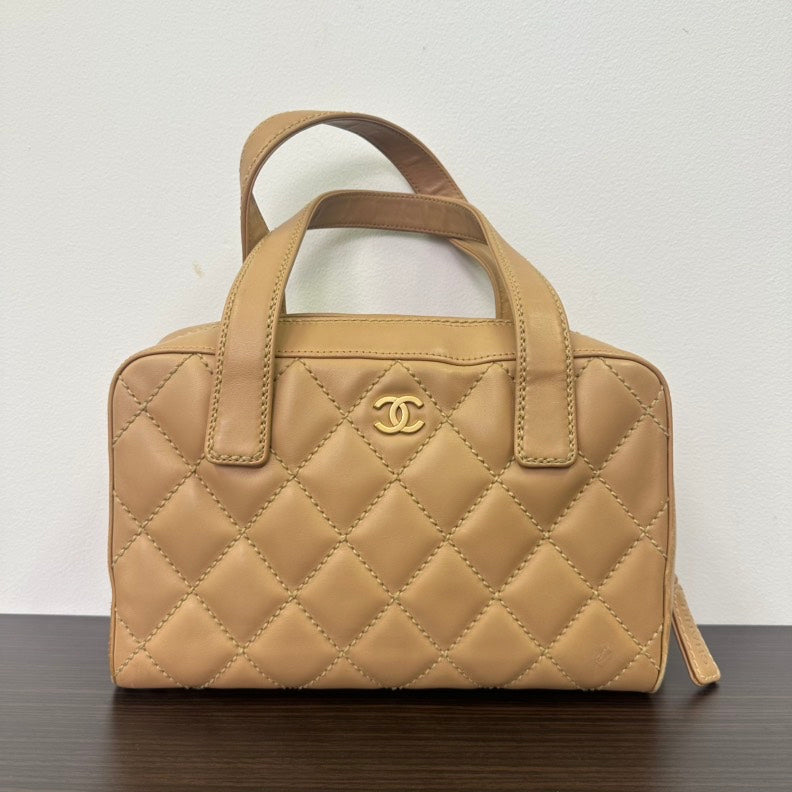 Chanel Lambskin Wild Stitch Boston Bag Beige Small Tote Bag.