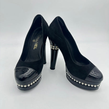 Chanel Black Suede Patent Leather Pearl Heel Pumps Size