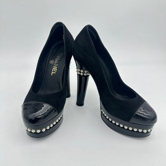 Chanel Black Suede Patent Leather Pearl Heel Pumps Size