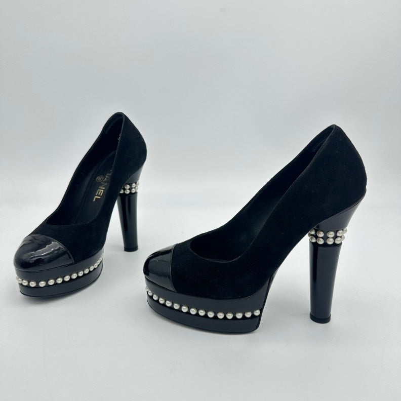 Chanel Black Suede Patent Leather Pearl Heel Pumps Size