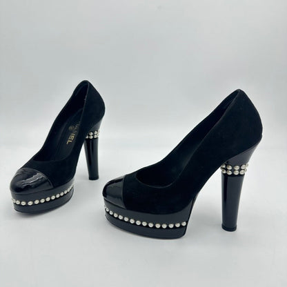 Chanel Black Suede Patent Leather Pearl Heel Pumps Size