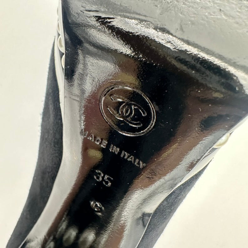 Chanel Black Suede Patent Leather Pearl Heel Pumps Size
