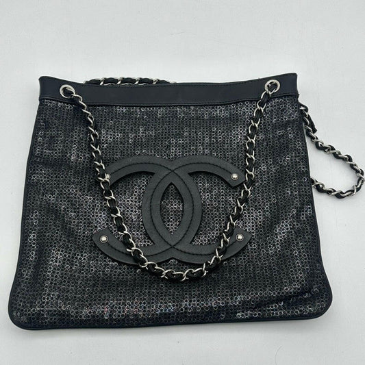 Chanel Black Fabric Chain Tote Bag with Sequins and Large CC Logo.