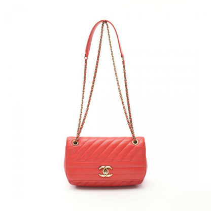 Chanel Chevron Bias Stitch Chain Shoulder Bag Leather Orange Red with Antique Gold Hardware