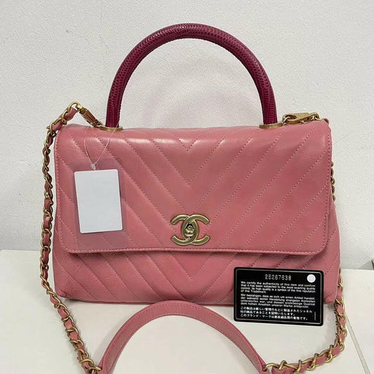Chanel Coco Handle Bag Pink Quilted Leather with Burgundy Handle and Gold-Tone Hardware