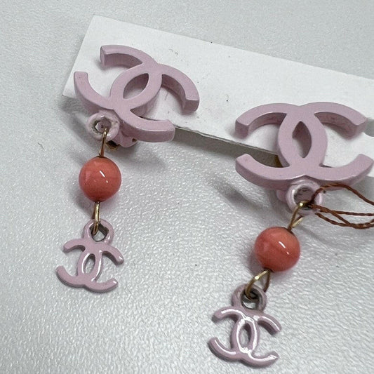 Chanel CC Logo Dangle Earrings in Pink and Coral - Medium Size