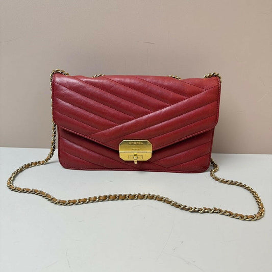 Chanel . Calfskin Single Flap Bag Red Medium Size with Gold Chain Strap