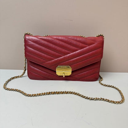 Chanel 2.55 Calfskin Single Flap Bag Red Medium Size with Gold Chain Strap.