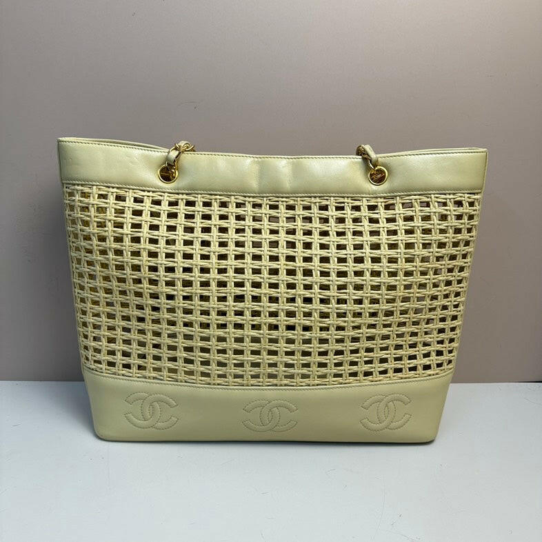 Chanel Beige Leather Straw Chain Tote Bag