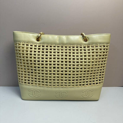Chanel Beige Leather Straw Chain Tote Bag