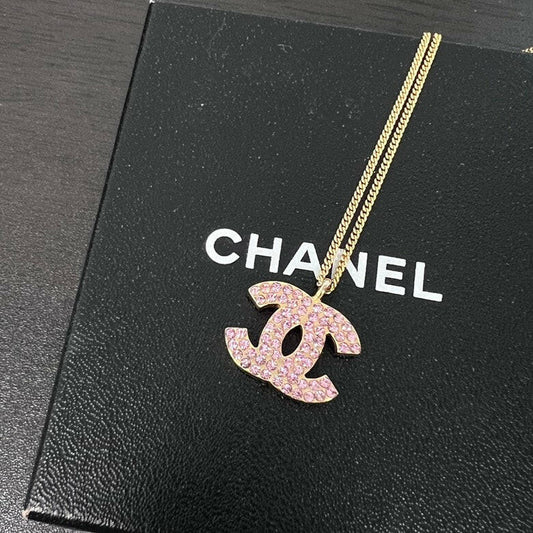 Chanel Gold Chain Necklace with Pink Rhinestone Logo Pendant