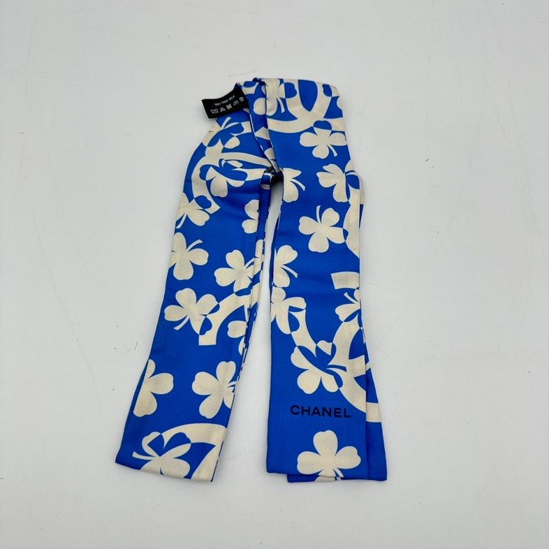 Chanel Blue Floral Silk Twilly Scarf cm