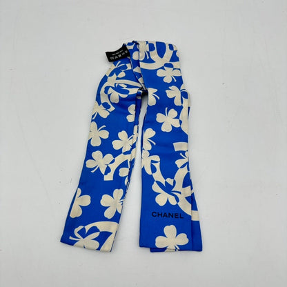 Chanel Blue Floral Silk Twilly Scarf cm