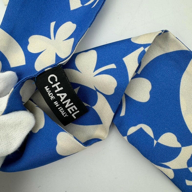 Chanel Blue Floral Silk Twilly Scarf cm