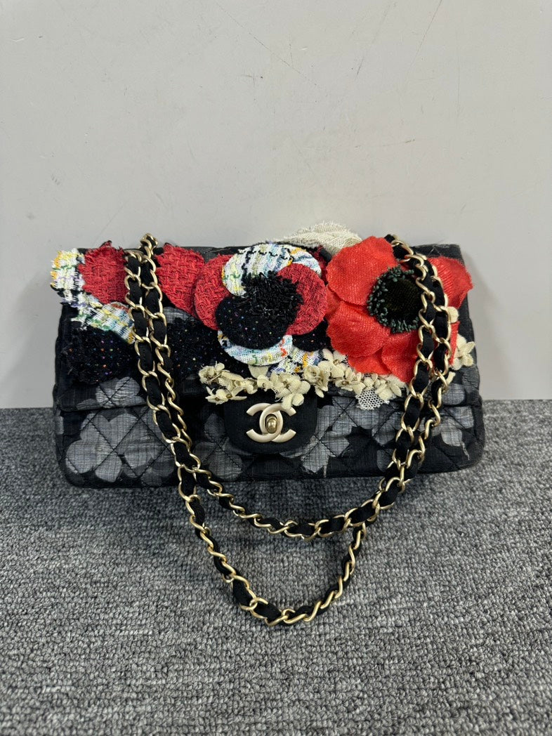 Chanel Rare Runway CF Medium Black Floral Embellished Quilted Handbag.