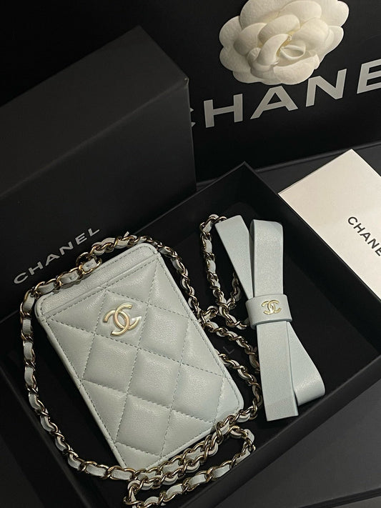 Chanel % New Quilted Card Holder with Chain, White Leather,