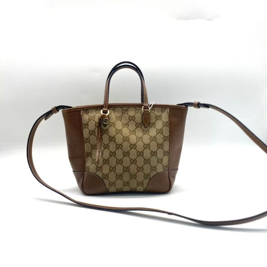 Gucci Beige Brown GG Canvas Leather Two Way Bag Medium