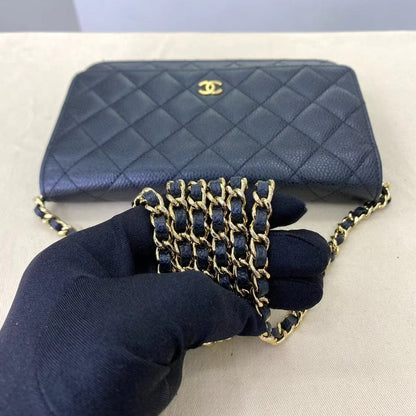 Chanel Black Quilted Leather WOC Wallet On Chain Gold Hardware Bag With Card