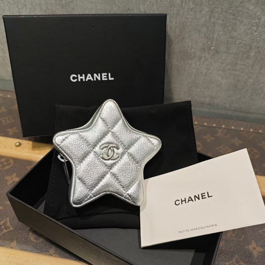 Chanel Star-Shaped Silver Quilted Leather Bag Charm Coin Purse Small