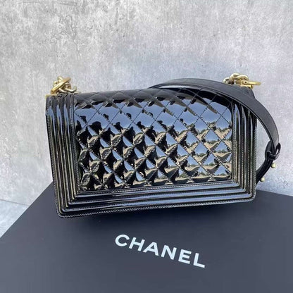 Chanel Boy Flap Bag Black Quilted Patent Leather Medium