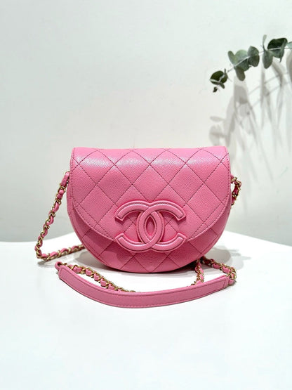 Chanel So Pink Caviar Leather Half Moon Crossbody Bag with Dust Bag