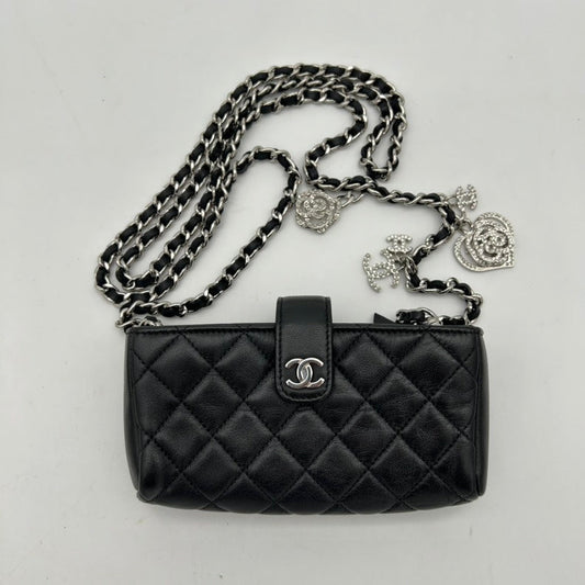Chanel Black Leather Quilted Chain Bag with Silver Charm Detail