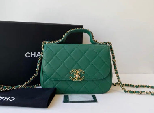 Chanel  Green Quilted Leather Crossbody Bag Medium Size