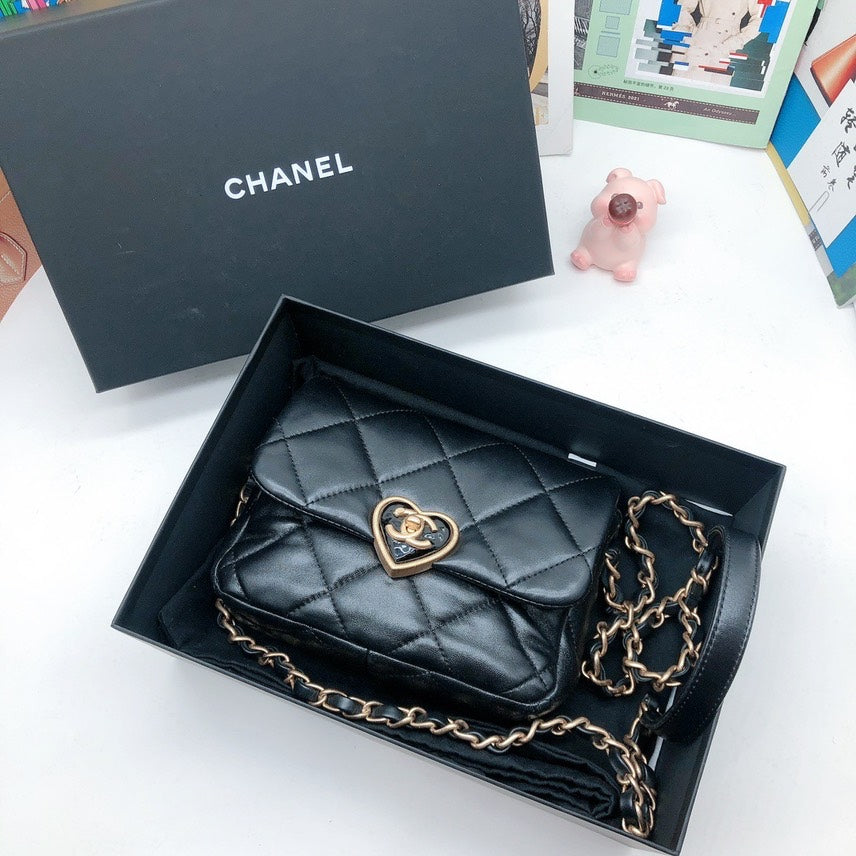 Chanel Heart Clasp Black Quilted Leather Crossbody Bag Medium