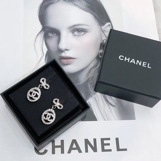 Chanel Silver Crystal Logo Drop Earrings