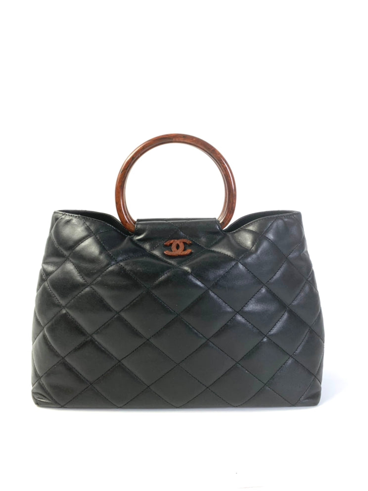 Chanel Black Quilted Leather Handbag with Brown Handle Large
