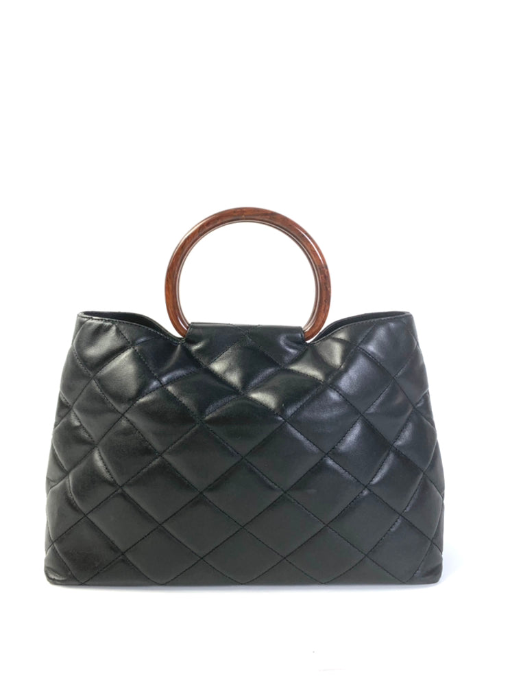 Chanel Black Quilted Leather Handbag with Brown Handle Large